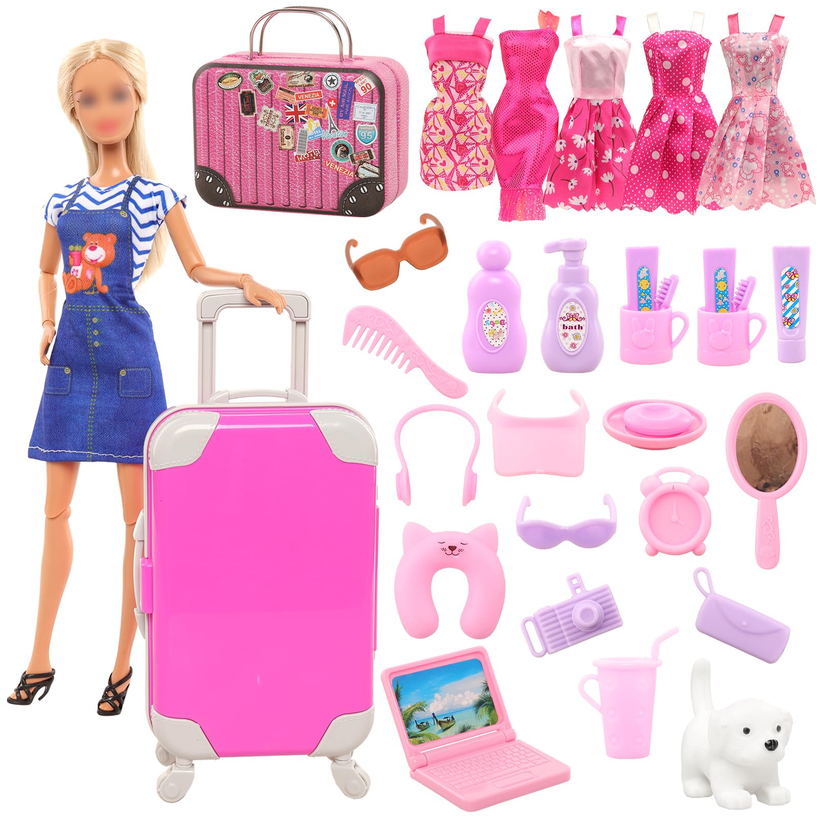 Travel Accessories With Kids - ملابس وإكسسوارات دمية باروا للبنات ،